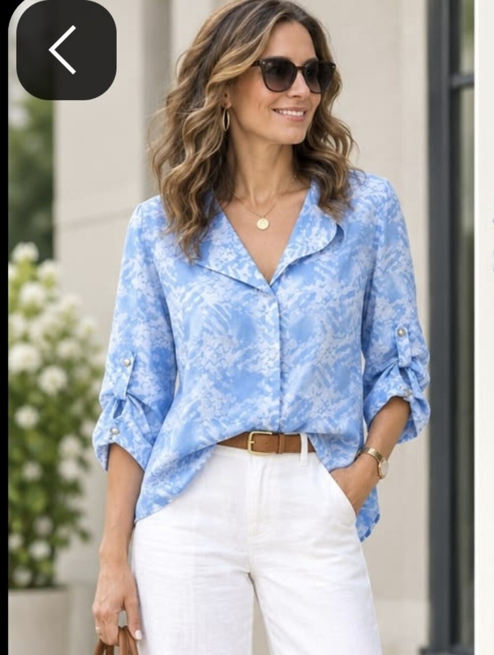 Light Blue Patterned Women's Blouse - Casual Roll-Sleeve Top
